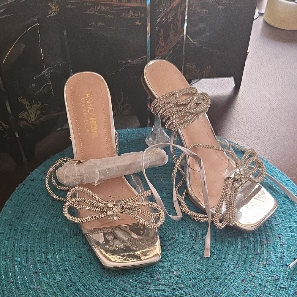 Fashion Nova Shimmering Silver Heels